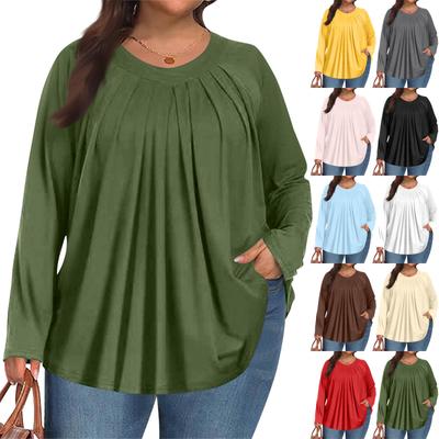 Women's Plus Size Fashion Solid Colour Casual Pleated Round Neck Long Sleeve Top