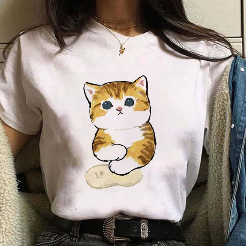 Cute Cat Print Short Sleeves Women's Tshirt Fashion Streetwear Y2k Clothing Sportwear Harajuku Pullover Tops Tees Summer Spring
