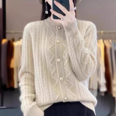 Spring New High-end Crew Neck Twist Sweater Jacket Long-sleeved Stand-up Neck Solid Color Knitted Cardigan Women's Top
