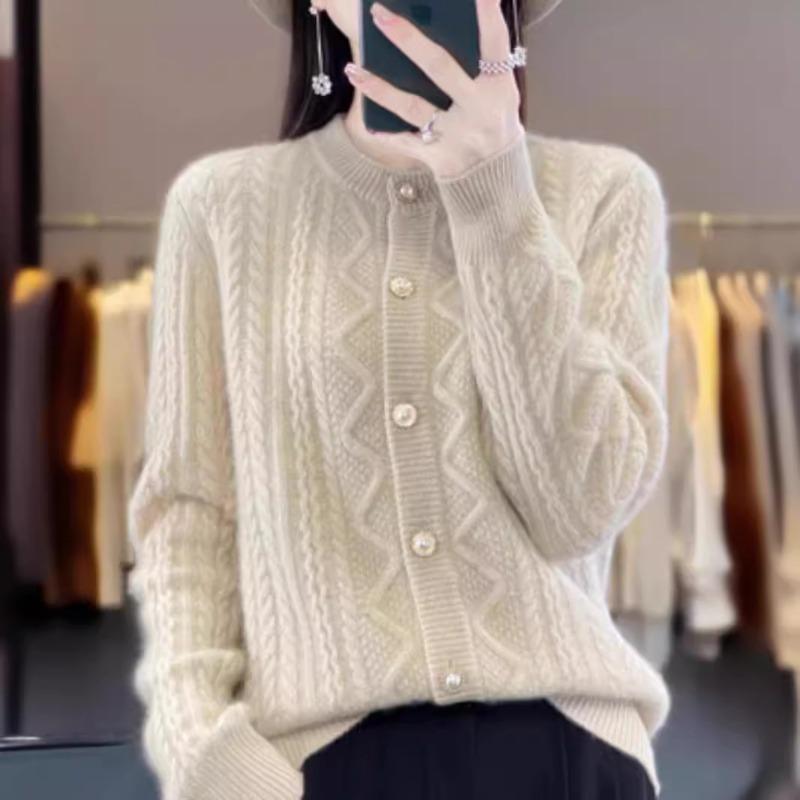 Spring new high-end crew neck twist sweater jacket long-sleeved stand-up neck solid color knitted cardigan women's top