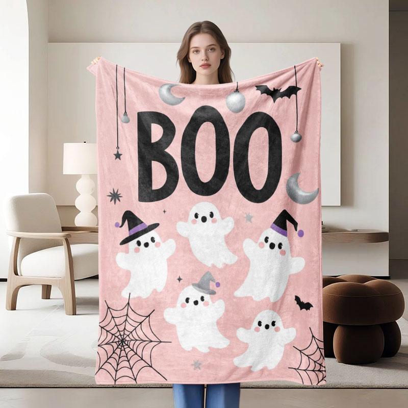 1 piece Halloween-themed pink flannel blanket, soft, suitable for sofa, bed, office, all-season use.