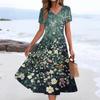 Women's Summer Casual Fashion Print Pocket Short Sleeve V-Neck Swing Dress