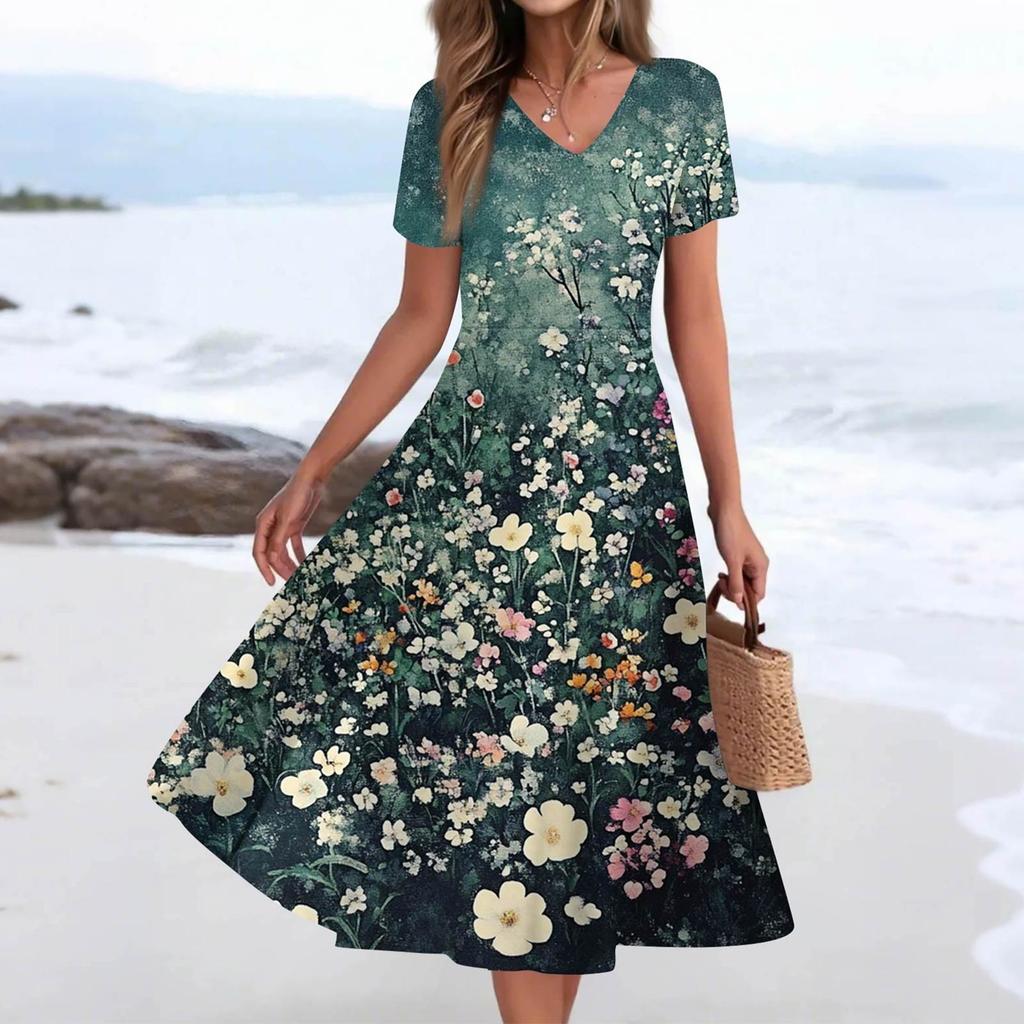 Women's Summer Casual Fashion Print Pocket Short Sleeve V-Neck Swing Dress