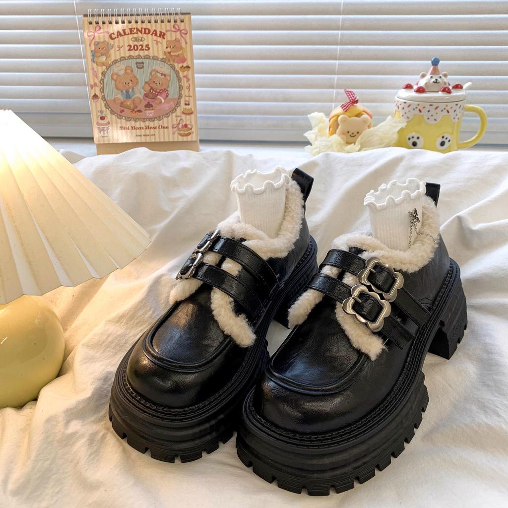 Leather velvet loafers cotton shoes children's shoes versatile autumn and winter new thick-soled fluffy Mary Jane small leather shoes