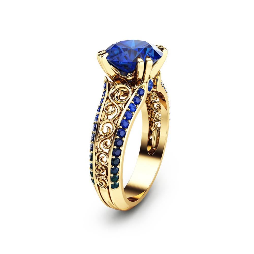 14k Gold Blue Sapphire Ring for Women Elegant Hollow Out Design Vintage Micro Pave Ruby Band no. 6