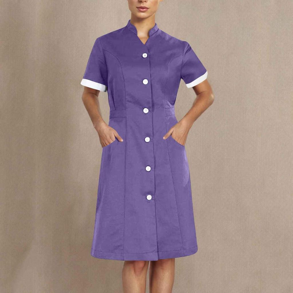 Housekeeping Uniform Dress Womens Button Down Scrub Dresses Short Sleeve Lapel Nursing Shirt Dress with Pockets