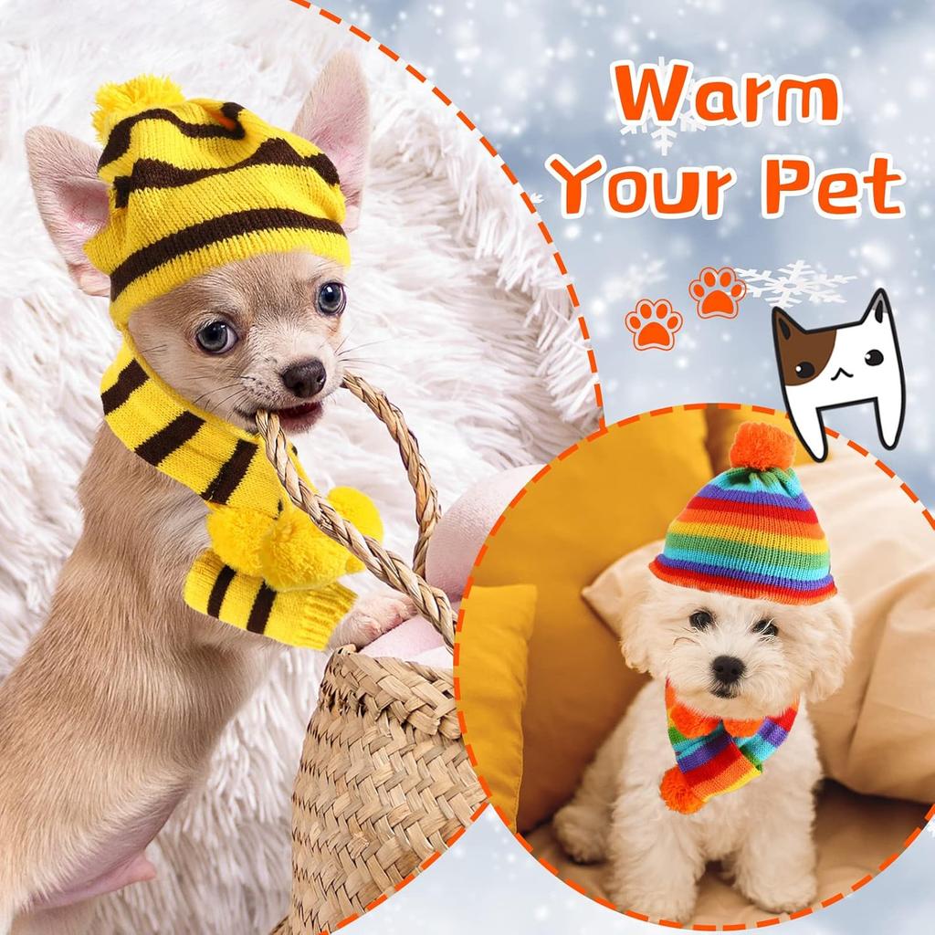 Saintrygo 12 Pcs Dog Leg Warmers Hat Scarf Set Winter Knitted Dog Costume Set Include Warm Striped Hat Small Scarf Leg Warmers for Pet Cat Puppy, S