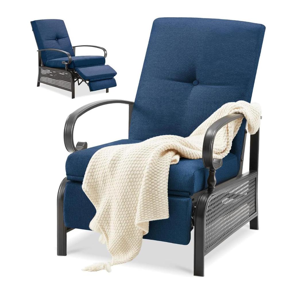YODOLLA Garden Reclining Chair Adjustable 3 Positions - 150kg Capacity, With Removable Cushion - Foldable - Navy Blue