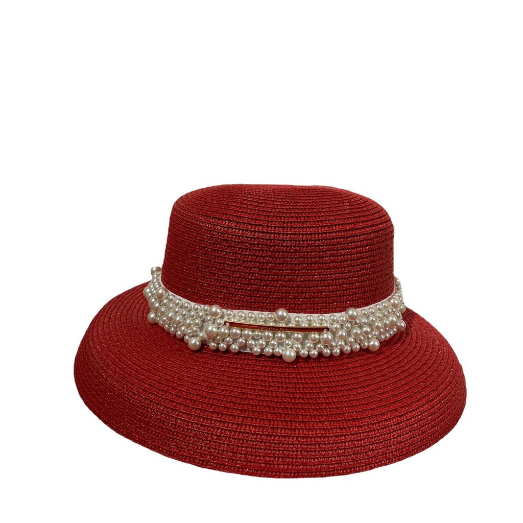 French Hepburn Style Lampshade Straw Hat Summer Small Fragrant Wind Pearl Light Luxury Sun Hat Concave Shape Big Brand Sense Straw Hat