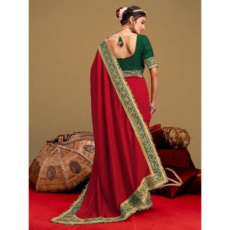 Royal Red Vichitra Silk Saree with Beautiful Sequins Embroidery & Designer Green Blouse