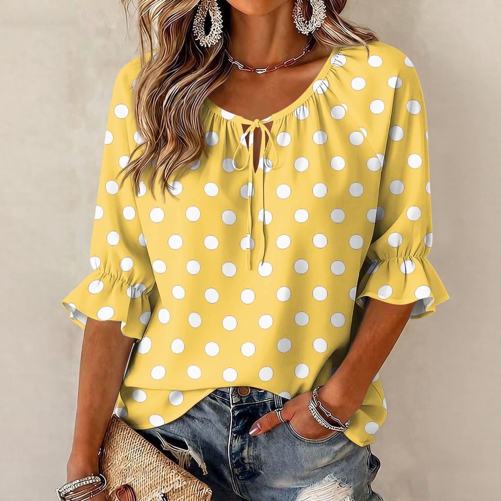 Women's Round Neck Polka Dot Blouse with Tie Front and Ruffle Hem 3/4 Sleeve