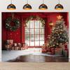 1 Piece Winter Christmas Scene Backdrop with Snowy Windows and Christmas Tree  Extra Large Outdoor Festive Wall Decor