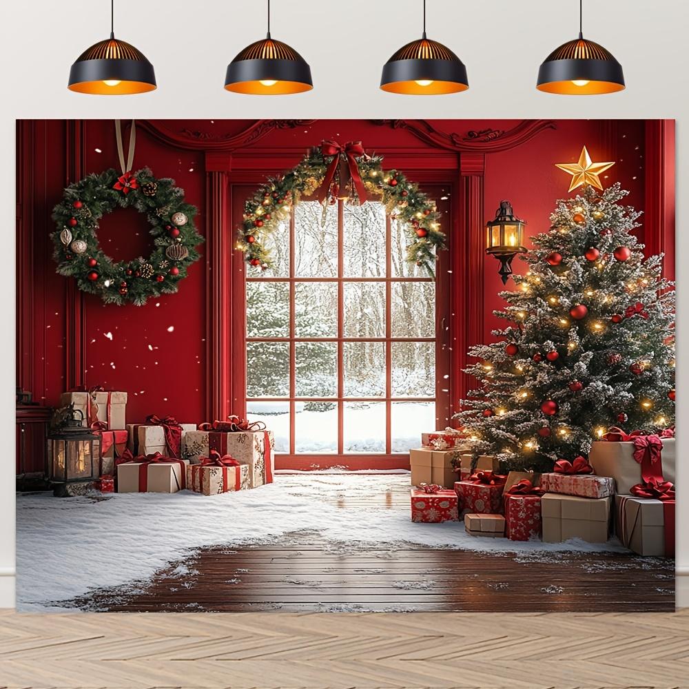 1 Piece Winter Christmas Scene Backdrop with Snowy Windows and Christmas Tree  Extra Large Outdoor Festive Wall Decor