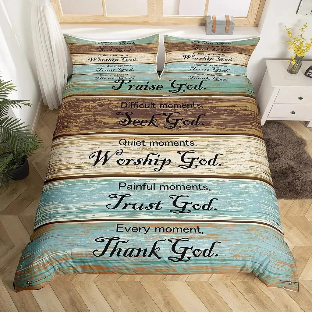 Christian Healing Duvet Cover Set with Inspirational Thoughts and Prayers Women Bedding Sets Colorful Sky Bedspreads Cover Queen