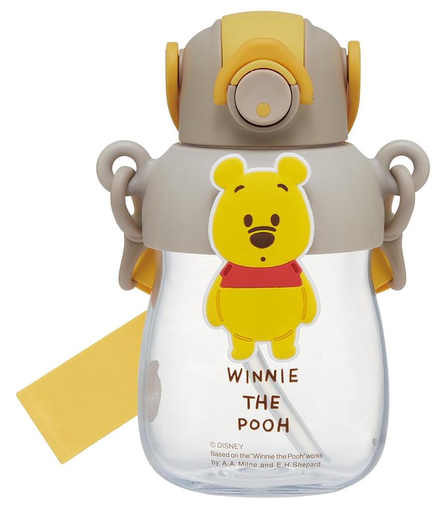 Skater Disney Winnie the Pooh Water Bottle with Rubber Locking and Shoulder Strap Mascot, Straw, 650ml, One-Push Open, Function, Handle, (PRMC7ST-A)
