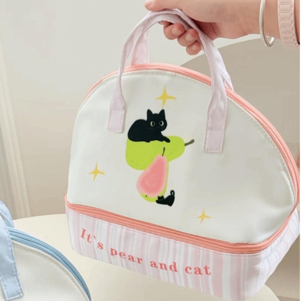 New Large Capacity Lunch Bag Double Layer Cat Insulated Lunch Box Cartoon Lunch Storage Bag Handbag