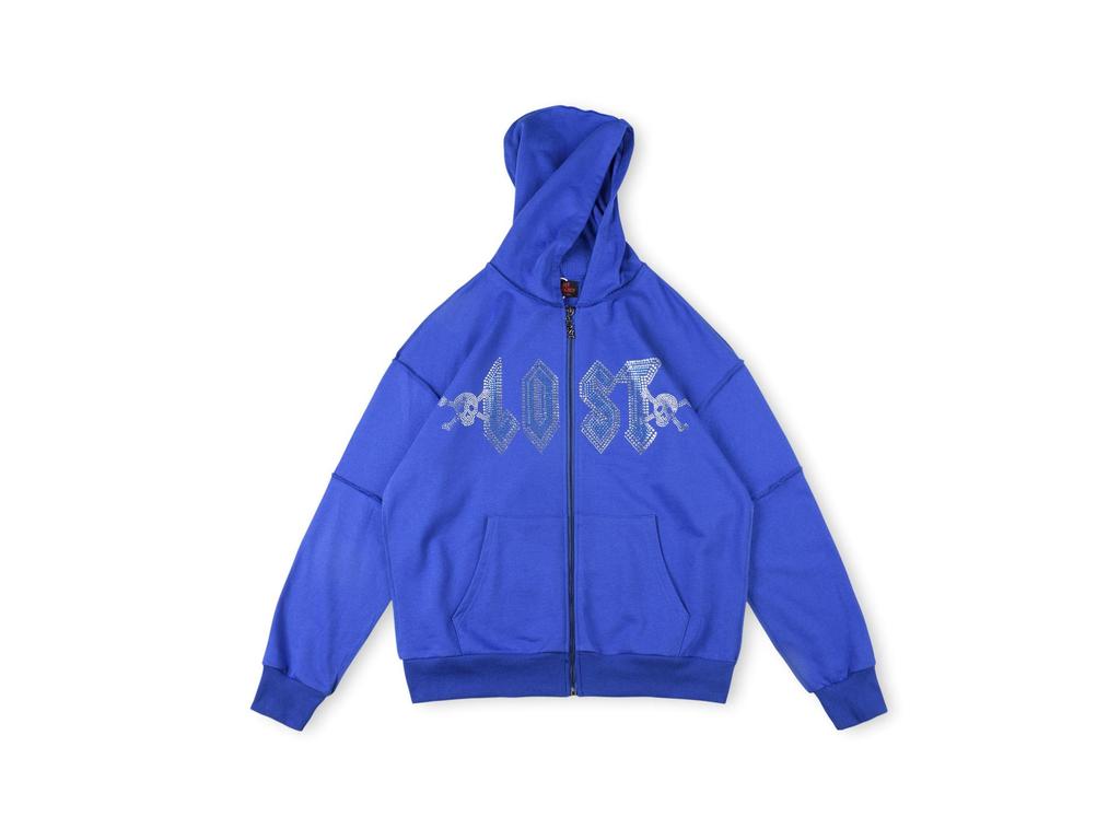 24FW American Street Style Skull Rhinestone Zip-Up Hoodie Sweatshirt with Large Logo