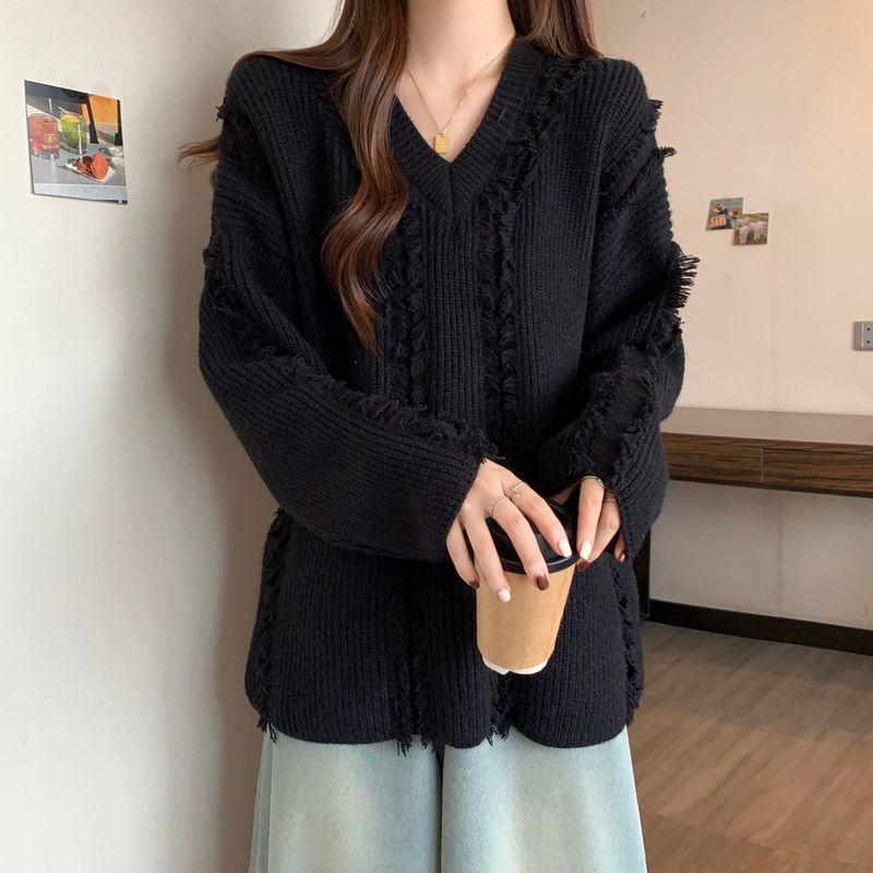 Fashion Plus Size Chubby Girl Autumn and Winter Lazy Style V Neck Pure Color Slimming Slim Fit Loose Casual Long Sleeves Knitwear Sweater