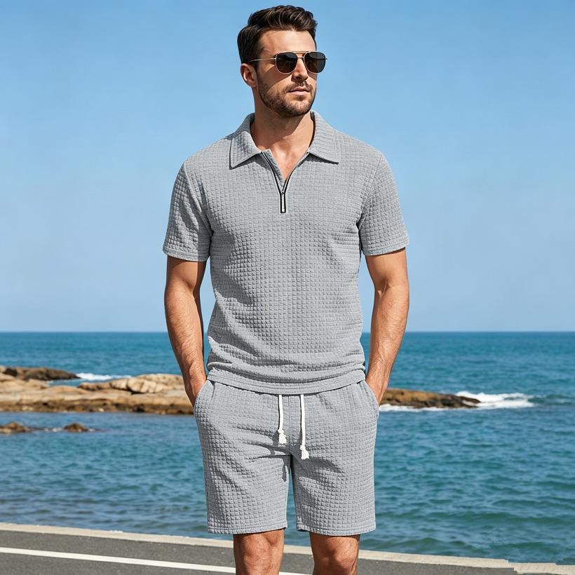 Men's Summer American Style Small Checkered Casual Set, Loose and Breathable Short Sleeve Top and Shorts Two-Piece Outfit
