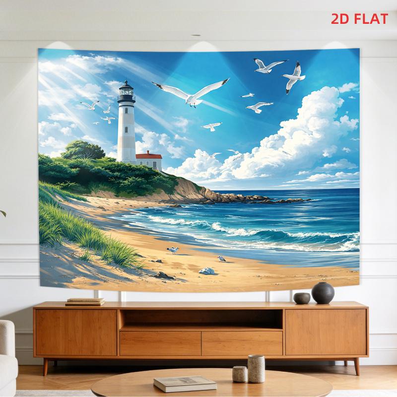 1pc, 2D flat, banner with design of lighthouse, beach, and seagulls, suitable for living room, meditation, and party decorations