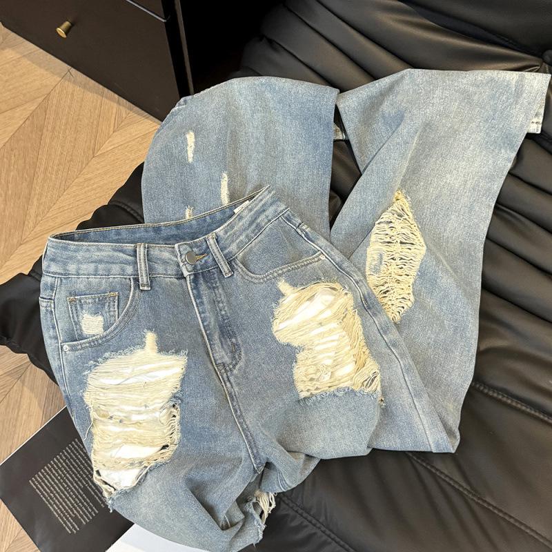 American Hot Girl Slimming Ripped Wide-Leg Summer Denim Pants