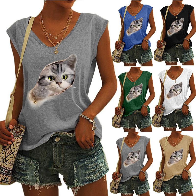 2023 Trendy Women's V-neck Print Cap Sleeve Loose T-shirt Top