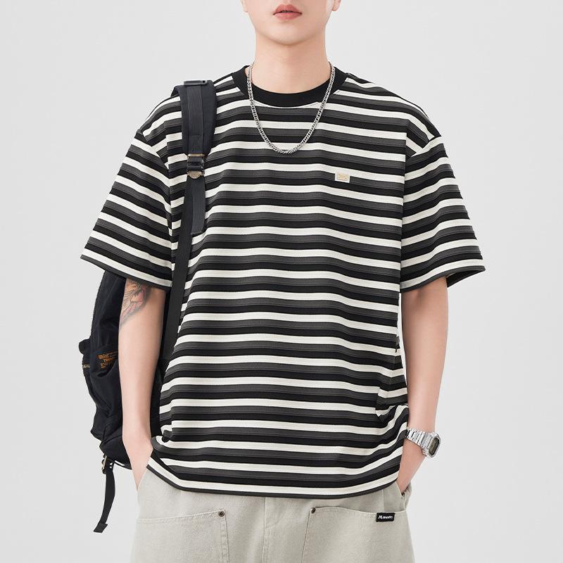Striped Short-sleeved T-shirt for Men's Summer New Round Neck T-shirt Versatile Casual Retro Embroidery Logo