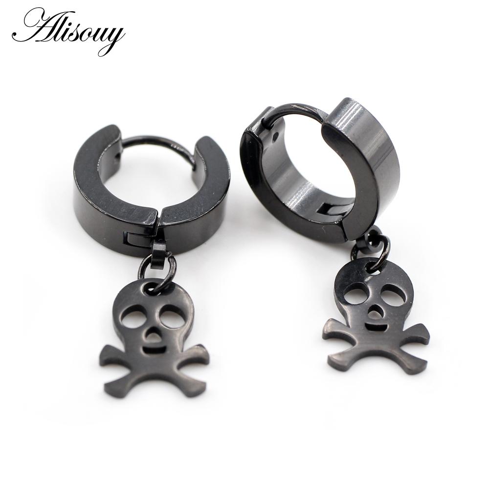 Alisouy 2PCS Stainless Steel Star Cross Snake Spike Skull Sword Blade Chain Feather Spider Dangle Women Men Huggie Hoop Earrings