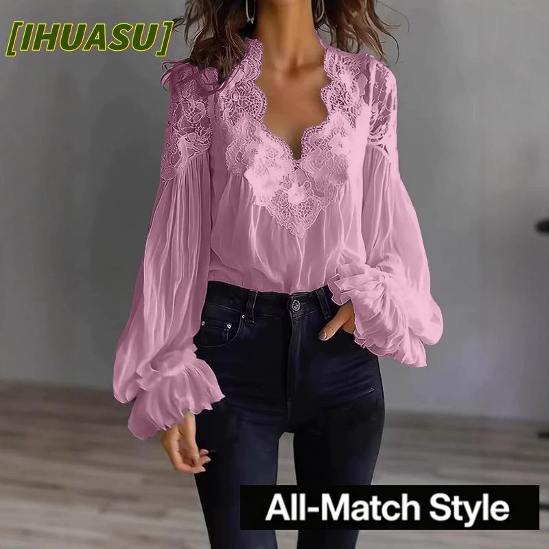 IHUASU Moda feminina casual cor sólida estampa manga comprida blusas e camisas com decote em V
