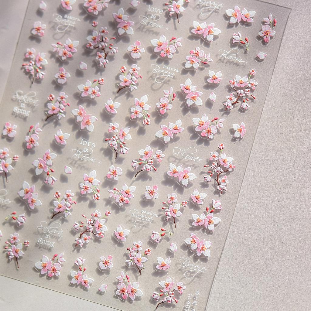 Flowers Blooming Cherry Blossom Sakura Living Peach Branch 5D Soft Relief Spring Adhesive Nail Art Sticker Chic Manicure Decals