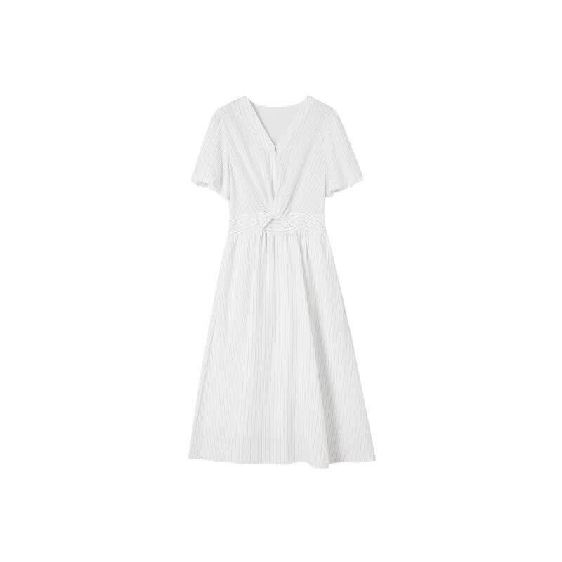 Demana Summer Breathable Striped V-Neck Waist-Knot Midi Dress