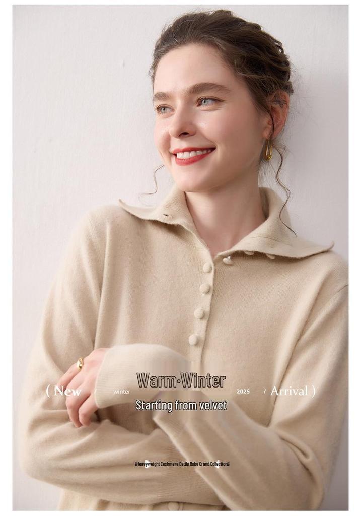 Women's Soft Solid Color Cashmere Knit Cardigan with POLO Collar
