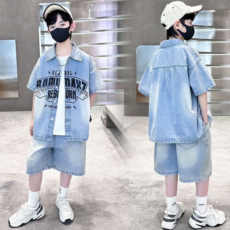 

Детский летний джинсовый костюм для мальчиков, летний комплект из двух предметов, тонкий летний укороченный дизайн 140
