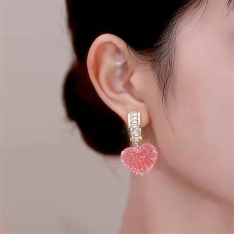 Sweet Pink Love Heart Drop Earrings For Women Korean Style Elegant Dangle Earrings Lovely Bride Lady Brincos Jewelry Gifts