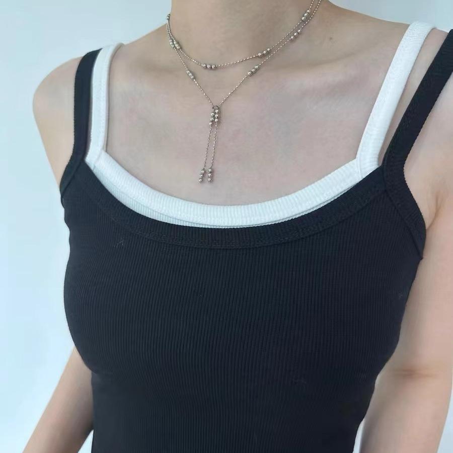 Double Layered Silver Color Bead Necklace Simple Thin Chain Round Beads Tassels Trendy Design Collarbone Chain Women's Jewelry