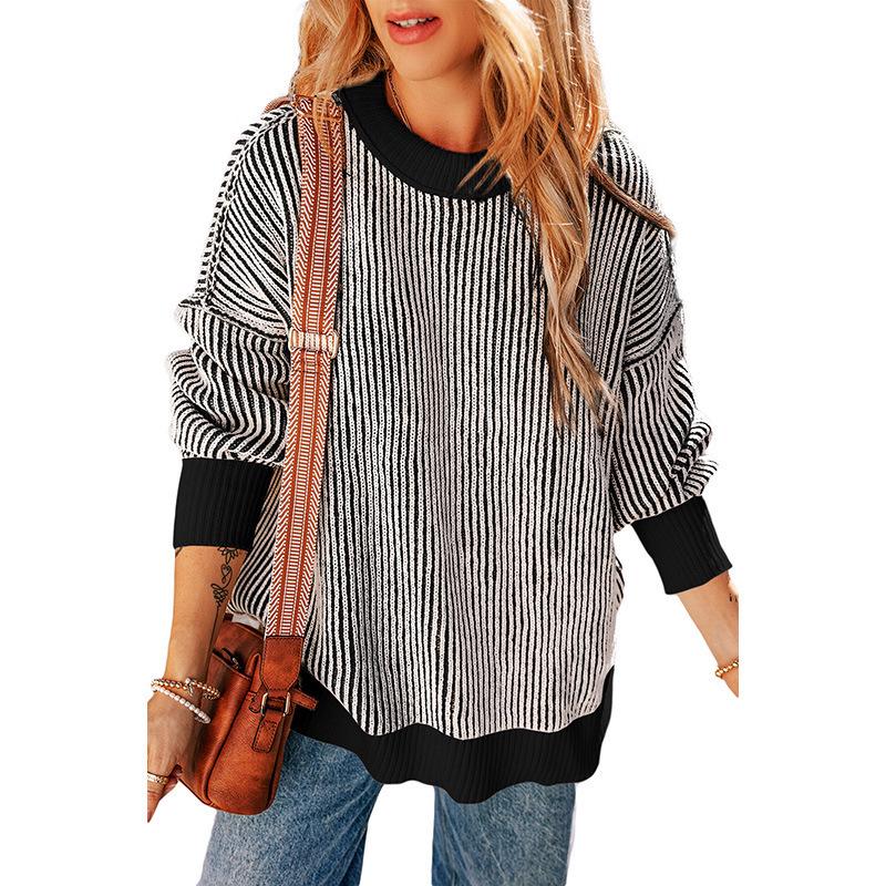 2025 Winter Striped Color Block Sweater for Women – European American Fashion, Warm Loose Versatile Knit Pullover
