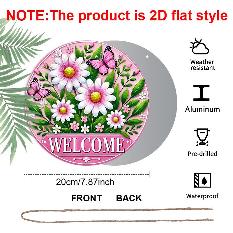2D Flach, 1 Stück Charmantes Rosa Gänseblümchen & Schmetterling Willkommensschild - Runde Aluminium Türdekoration mit Lebendigem Blumendesign, Perfekt für Haus- & Garteneingang
