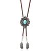 Men's Rodeos Western Leather Cord Bolo Tie Antique Floral Stone Jewelry Cowboy Necktie Necklace with Feathered Pendant