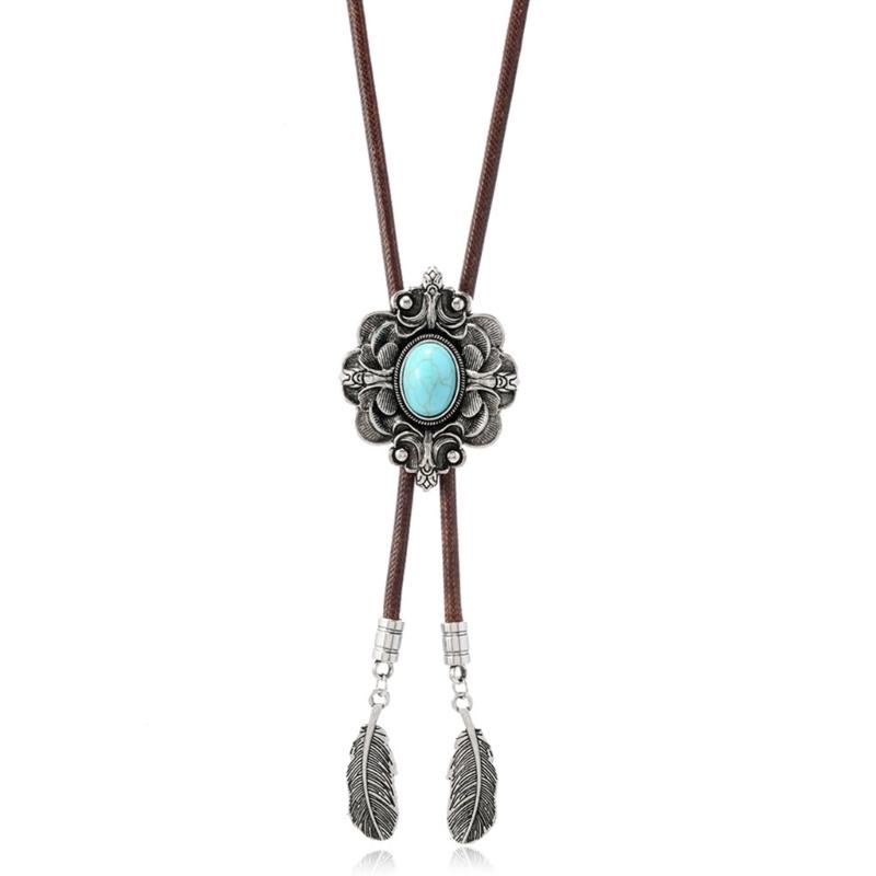 Men's Rodeos Western Leather Cord Bolo Tie Antique Floral Stone Jewelry Cowboy Necktie Necklace with Feathered Pendant