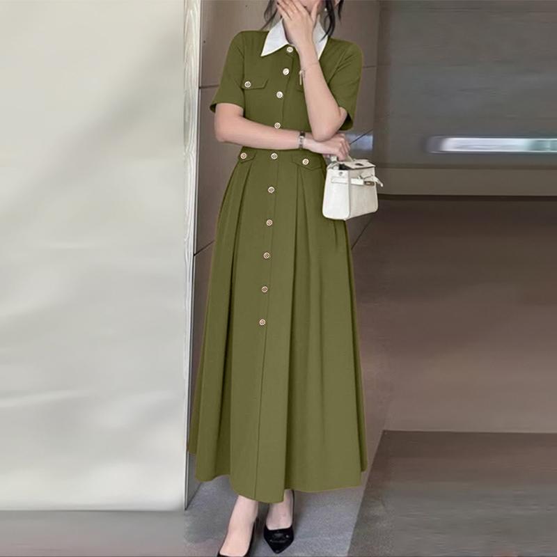 ZANZEA Kadın Günlük Devrik Yaka Yazlık Kısa Kollu Uzun Elbise