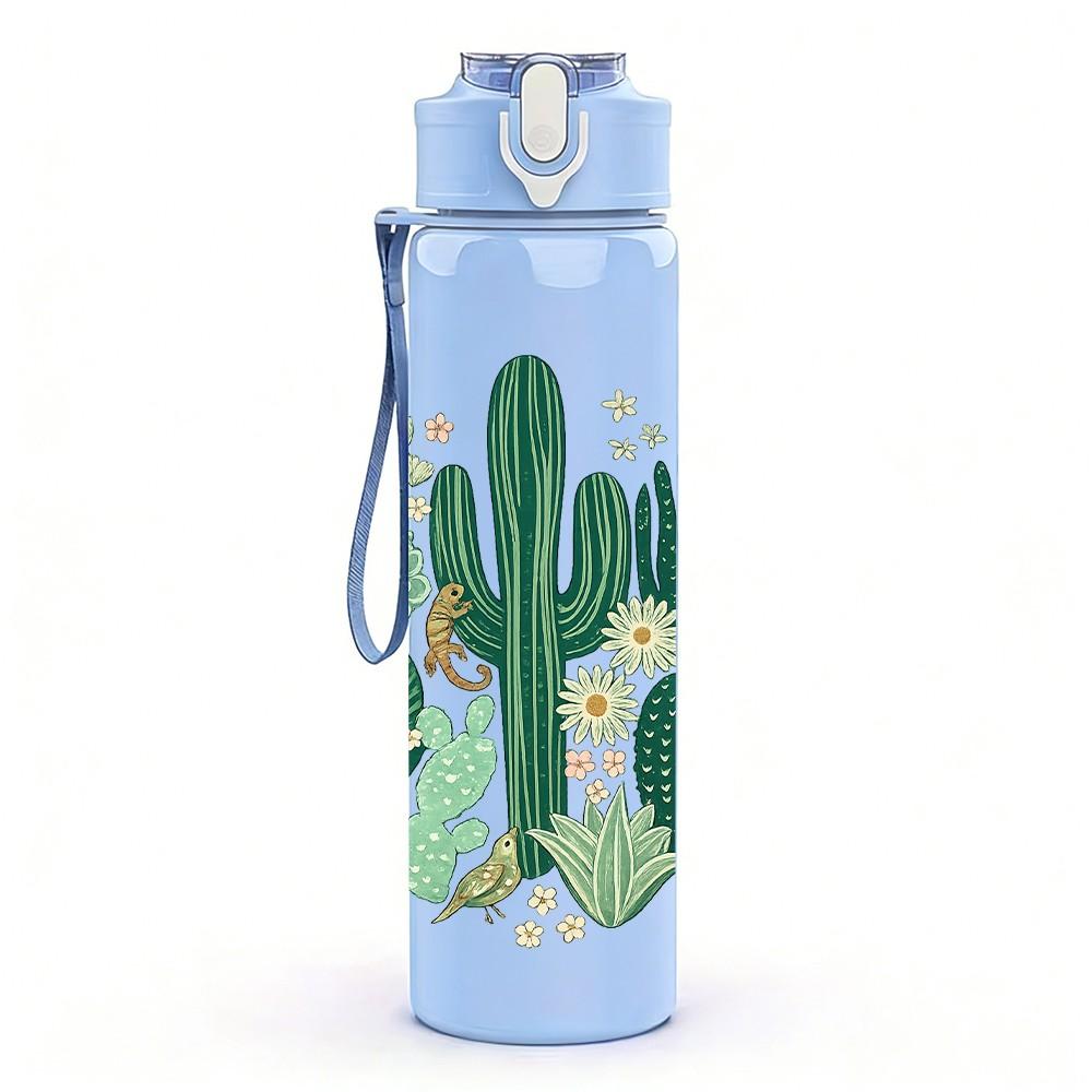 1PC Desert Cactus Plant Art Print 750ml Color Plastic Sports Water Bottle Leakproof Flip Straw Lid Suitable for Sports Office Home Use