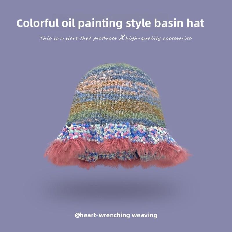 Vintage color striped oil painting wind lotus leaf edge fisherman's hat children autumn and winter warm knitted basin hat tide