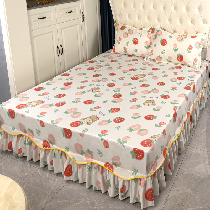 Wave Edged Lace Bed Skirt Soft and Comfortable Printed Bed Sheets Plant Pattern Anti Slip and Dustproof Bed Cover Bedding