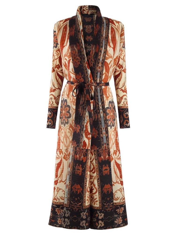 Pleated Printed Long Trench Coat for Women - 2025 Spring Lapel Loose Fit Plus Size Long Sleeve Robe