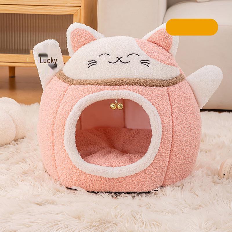 2025 New Plush Half-Closed Warm Winter Cat Nest with Bell