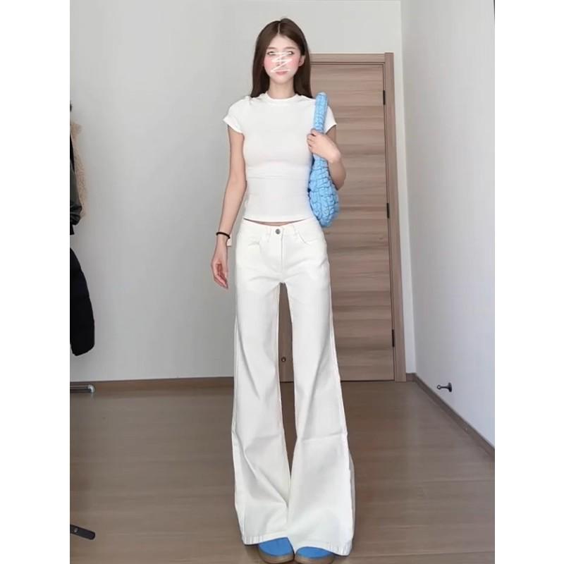 Women's High-Waisted Micro-Flare White Jeans, Plus Size, American Style, Slimming, Loose Wide-Leg, Autumn/Winter Collection