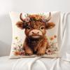 Hochlandrind und Blume Kissenbezug Natürlicher Leinen Bio-Stoff Beidseitiger Druck Sofa Heimdekor Geschenk Kissenbezug