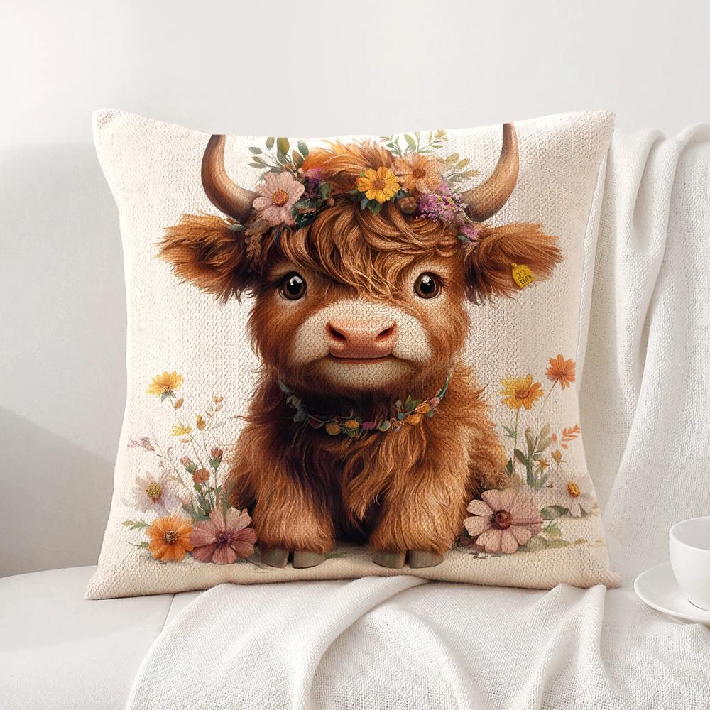 Hochlandrind und Blume Kissenbezug Natürlicher Leinen Bio-Stoff Beidseitiger Druck Sofa Heimdekor Geschenk Kissenbezug
