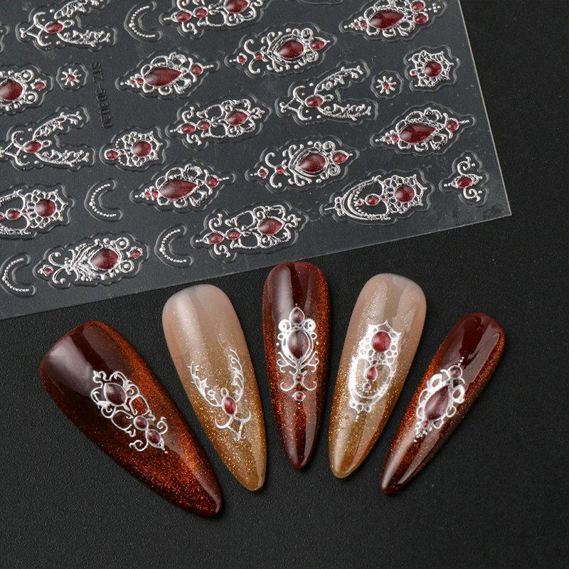 1pc embossed 5D retro light luxury court-style nail sticker with rubies and emeralds, adhesive backing, nail sticker, holiday gift.