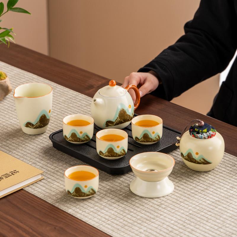 Guochao Open Film Ru Kiln Panda Kung Fu Travel Tea Set Teapot Teacup High-end Gift Box Business Companion Gift